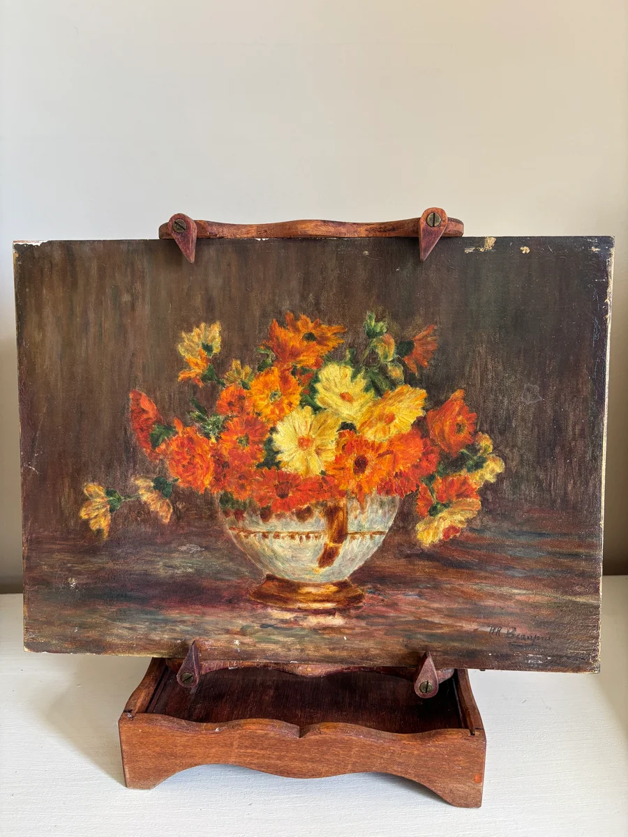 Peinture à l’huile bouquet sur panneau de Bois début XX ème 